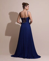 Vestido de Festa Longo Crepe Chiffon Plissado Trançado e Lenço Azul Marinho