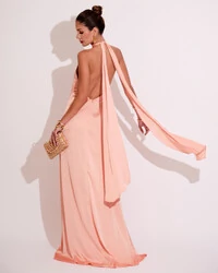 Vestido de Festa Gola Alta com Decote nas Costas Acetinado Rose Gold