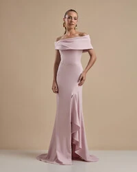 Vestido de Festa Longo Alfaiataria Ombro a Ombro com Babado Cascata Rosa Claro