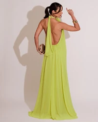 Vestido Longo Crepe Frente Única Fluido Flor Removível Verde Lima
