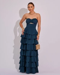 Vestido Longo Crepe Chiffon Tomara que Caia Plissado em Camadas Verde Escuro