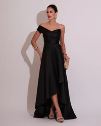 Vestido de Festa Longo Zibeline um Ombro Só Mullet Preto
