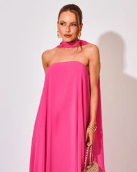 Vestido de Festa Longo Crepe Tomara que Caia com Lenço Pink