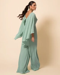 Macacão de Festa Longo Crepe Chiffon com Capa Verde Menta