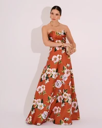 Vestido de Festa Longo Tomara que Caia Estampado Decote Drapeado Terracota