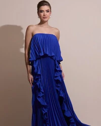 Vestido de Festa Longo Crepe Chiffon Tomara que Caia Plissado com Babado Cascata Azul Royal