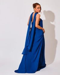 Vestido de Festa Longo Crepe Tomara que Caia com Lenço Azul Royal