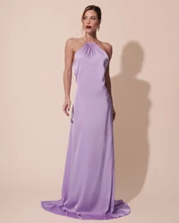 Vestido de Festa Longo Cetim Fluido com Argola Frente Única Lilás