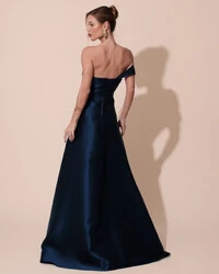 Vestido de Festa Longo Zibeline um Ombro Só Mullet Azul Marinho