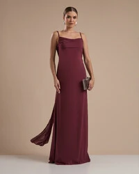 Vestido de Festa Longo Crepe Chiffon Costas Lenço Cauda Marsala