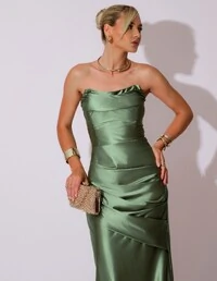 Vestido de Festa longo Cetim Malha Metálico Tomara que Caia Detalhe Drapeado Verde Escuro