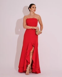 Vestido Longo com Fenda de Babados Alfaiataria Vermelho