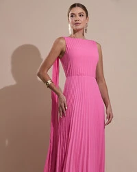 Vestido de Festa Longo Crepe Chiffon Plissado com Lenço nas Alças Rosa