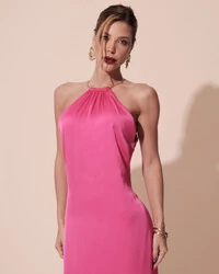 Vestido de Festa Longo Cetim Fluido com Argola Frente Única Pink New