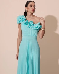 Vestido de Festa um Ombro Só Flor Saia Plissado Tiffany