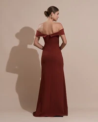 Vestido de Festa Longo Alfaiataria Ombro a Ombro com Fenda Terracota