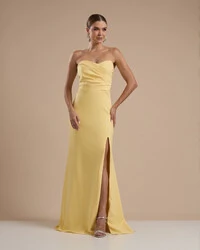 Vestido de Festa Longo Tomara que Caia Alfaiataria Amarelo Manteiga