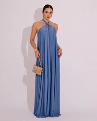 Vestido Longo com Amarração em Malha Azul