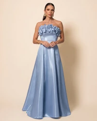 Vestido de Festa Longo Cetim Cristal Tomara que Caia com Flor 3D Serenity