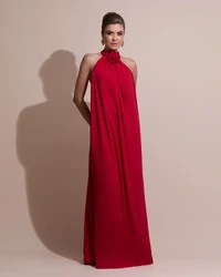 Vestido Longo Crepe Chiffon Frente Única Fluido Flor Removível Vermelho
