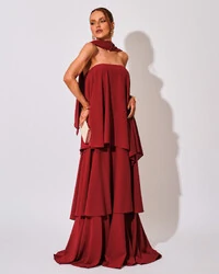 Vestido de Festa Longo Chiffon Crepe em Camadas com Lenço Marsala