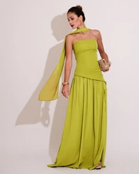 Vestido de Festa Longo Tomara que Caia Alfaiataria e Saia Crepe Chiffon e Lenço Verde Pistache