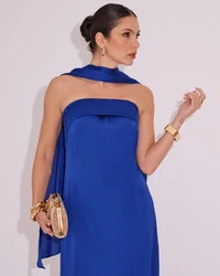 Vestido Longo de Festa Tomara que Caia Cetim com Lenço Azul Royal