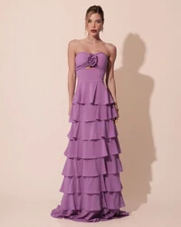 Vestido Longo Crepe Chiffon Tomara que Caia Plissado em Camadas Fúcsia