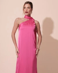 Vestido de Festa Longo Cetim Fluido Um Ombro Só Pink New