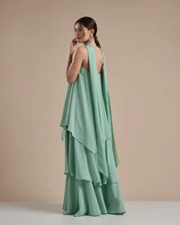 Vestido de Festa Longo Chiffon Crepe em Camadas com Lenço Verde Menta