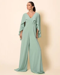 Macacão de Festa Longo Crepe Chiffon com Capa Verde Menta