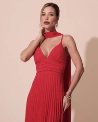 Vestido de Festa Longo Plissado Crepe Chiffon com Alça e Lenço Vermelho