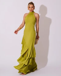 Vestido de Festa Longo Chiffon Crepe Gola Alta Babados Verde Pistache