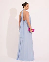 Vestido Longo com Amarração em Malha Azul Claro