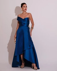 Vestido de Festa Longo Zibeline um Ombro Só Mullet Azul Royal