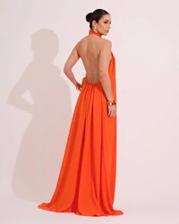 Vestido Longo Crepe Chiffon Frente Única Fluido Flor Removível Laranja