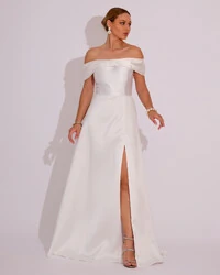 Vestido de Festa Longo Ombro a Ombro Laço Zibeline com Fenda Branco