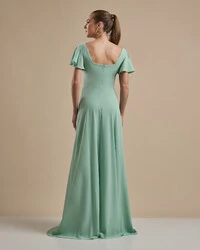Vestido de Festa Longo Crepe Chiffon Manga Babado e Fenda Verde Menta