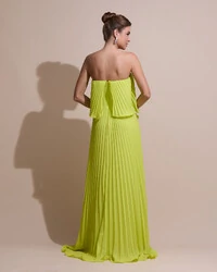 Vestido de Festa Longo Crepe Chiffon Tomara que Caia Plissado com Babado Cascata Verde Lima