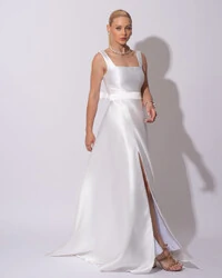 Vestido de Festa Longo Zibeline com Fenda e Faixa Branco