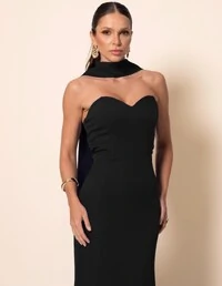 Vestido de Festa Longo Alfaiataria Tomara que Caia Saia Sereia com Lenço Preto