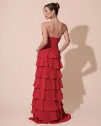 Vestido Longo Crepe Chiffon Tomara que Caia Plissado em Camadas Vermelho