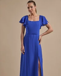 Vestido de Festa Longo Crepe Chiffon Manga Babado e Fenda Azul Royal