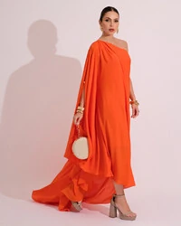 Vestido de Festa um Ombro com Capa Crepe Fluido Laranja