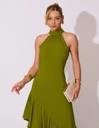 Vestido de Festa Longo Chiffon Crepe Gola Alta Babados Verde Oliva New