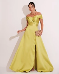 Vestido de Festa Longo Zibeline Ombro a Ombro com Fenda Verde Lima