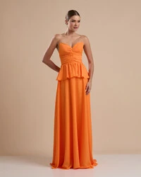 Vestido de Festa Longo Crepe Chiffon Tomara que Caia Peplum Drapeado Laranja