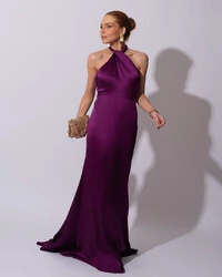 Vestido de Festa Longo em Cetim Alfaiataria com Elastano Frente Única Roxo