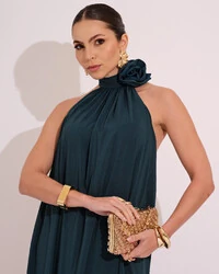 Vestido Longo Crepe Chiffon Frente Única Fluido Flor Removível Verde Escuro