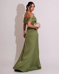 Vestido de Festa Longo Ombro a Ombro com Fenda em Alfaiataria Verde Matcha